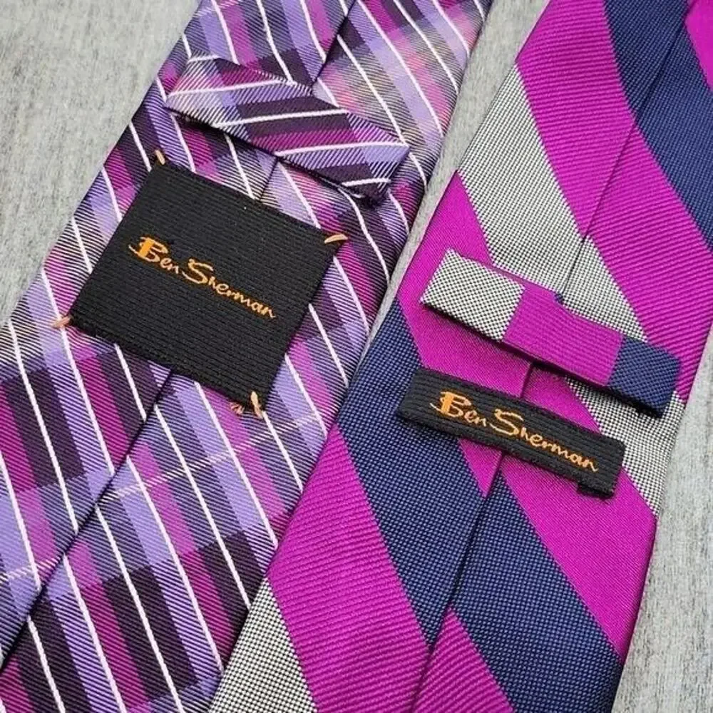 Ben Sherman Purple Striped & Plaid 100% Silk Men's Slim Necktie Bundle